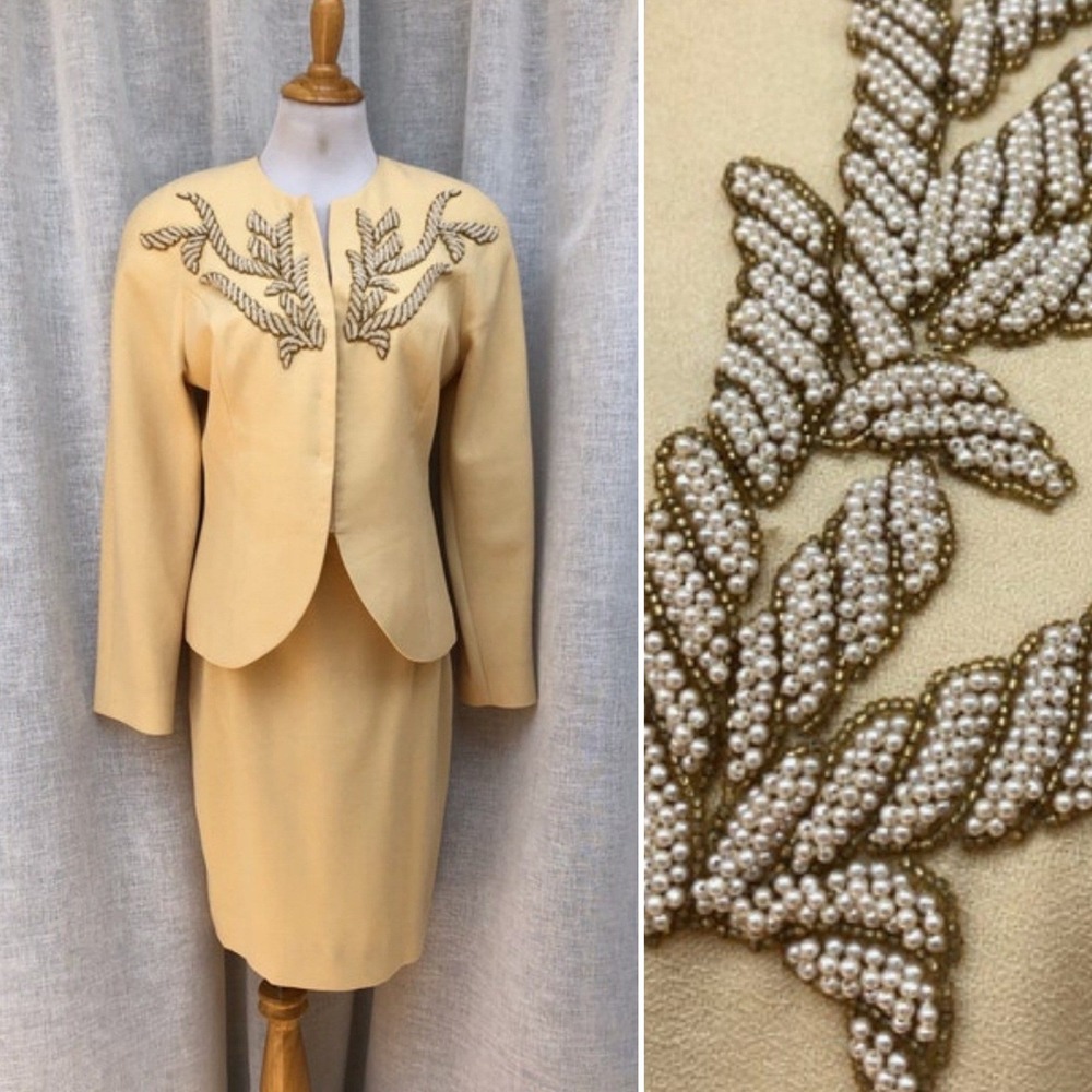 Gazelle Ciampi MAGALI Collection light yellow bead embroidery blazer skirt Suit